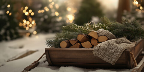 A rustic sled filled with neatly stacked firewood and lush pine greenery on snow, set against a backdrop of softly glowing lights, evoking winter warmth and coziness.