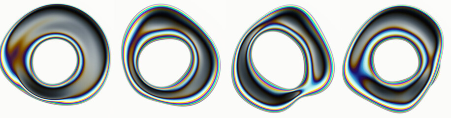 Liquid melting metallic chrome plated rings on a white backround. 3D illustration in futuristic y2k style.
