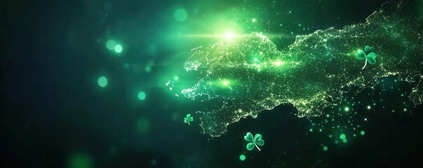 Fototapeta premium A map of Ireland with green accents and a glowing shamrock overlay, blank space for text, geographic template, informative