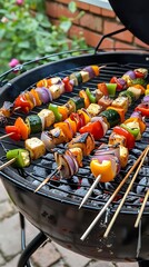 there are skewers of vegetables and meat on a grill