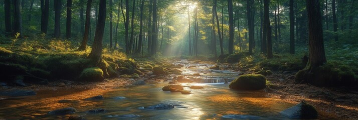 Naklejka premium Sunlit Forest Stream, a vibrant forest scene with a flowing stream beneath dappled sunlight filtering through lush green leaves