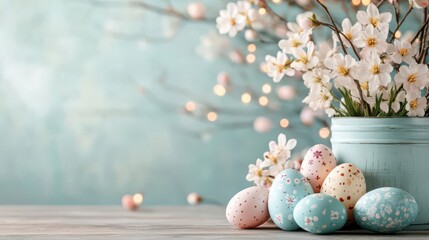 Obraz premium Pastel Easter eggs nestled amongst blooming spring branches, a delightful springtime scene.