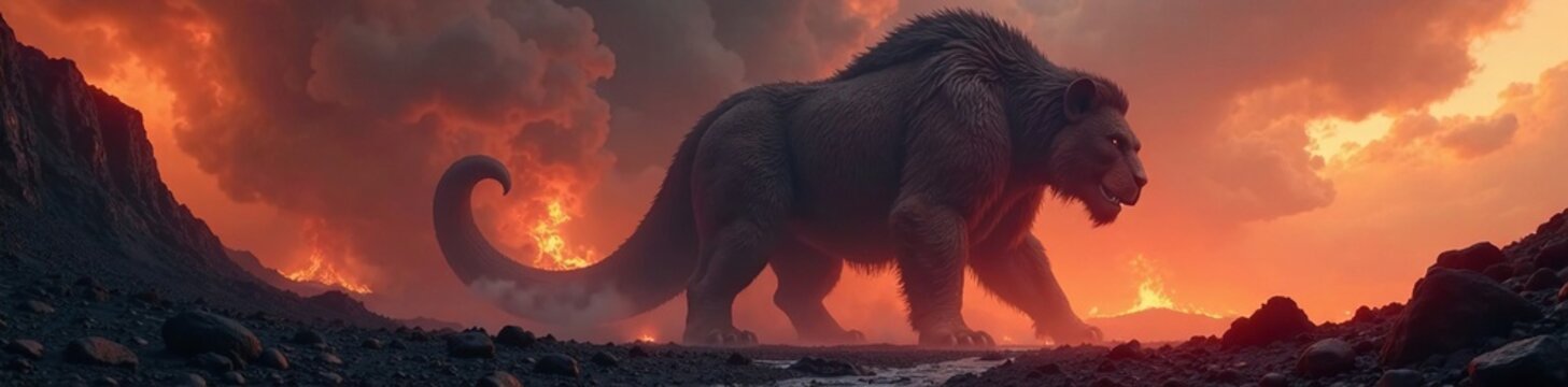 Massive fur-covered body of a colossal creature amidst volcanic ash and lava, lava, powerful