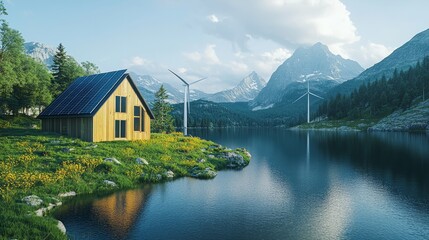 Fototapeta premium Energy-efficient setup with solar panels and wind turbines near a river 