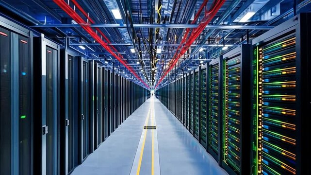 A modern data center featuring organized server racks and vibrant cabling.