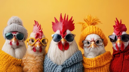 Fototapeta premium Five fashionable roosters posing in knitwear and shades against a vibrant yellow backdrop.