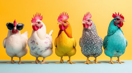 Fototapeta premium Five fashionable chickens strut their stuff on a yellow backdrop; a vibrant, quirky scene!