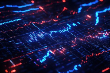 A close-up of a digital financial chart with glowing blue and red lines representing stock prices