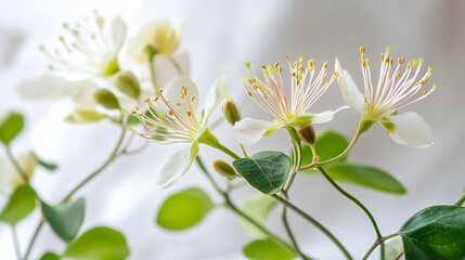Fototapeta premium Close up of caper bush flowers in bloom, isolated white linen background with soft lighting