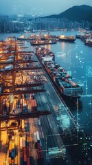 A port bustling with cargo ships, cranes, and digital overlays of shipment data, energetic and innovative
