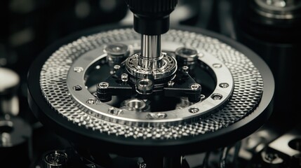Close-up of precision machinery with intricate details. Ideal for showcasing industrial processes, engineering, or manufacturing technology.