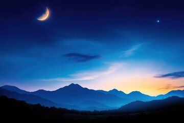 Obraz premium Majestic evening sky over mountains with crescent moon and bright star