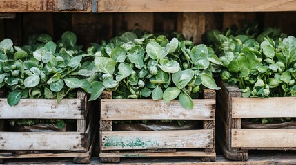 Isolated caper bush growing between weathered wooden crates, rustic market stall aesthetic