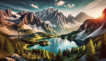 A breathtaking mountain landscape with towering peaks, some covered in snow and others lush with greenery