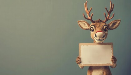 A reindeer holding a sign that says, I m Rudolph s cousin, blank space for text, funny character graphic, vivid tones