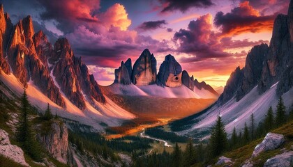 A dramatic mountain scene with towering peaks reaching into the clouds, some covered with snow and others showcasing rugged rock faces