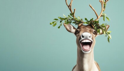 A reindeer with a wide grin holding mistletoe above its head, blank area for text, romantic holiday meme template, silly