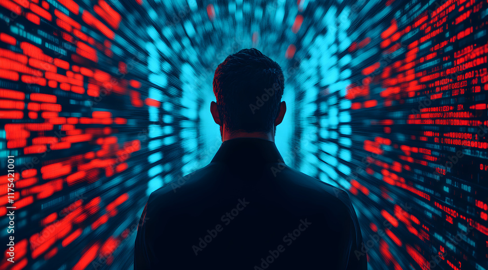 Poster a silhouette of a person stands in a vibrant tunnel of red and blue digital patterns, symbolizing te