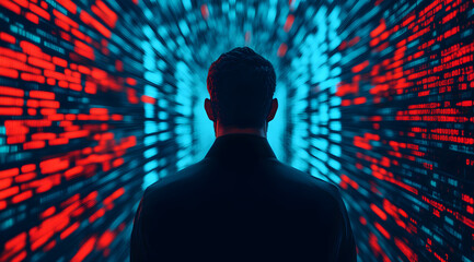 A silhouette of a person stands in a vibrant tunnel of red and blue digital patterns, symbolizing technology and data flow.