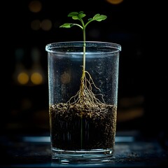 Seedling with visible roots in a glass, against a dark background. New life, growth, and environmental theme.
