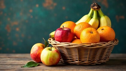 Grouping of apples oranges and bananas in a basket, distressed, woven, natural