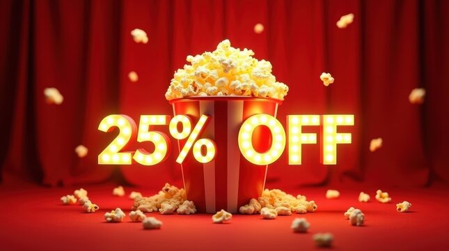 Exciting discount on popcorn movie theater snack promotion vibrant red background festive atmosphere close-up view marketing concept