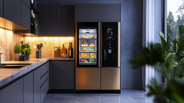 A sleek touch interface displaying a smart fridge with energy-saving options and food expiration reminders in a modern kitchen.