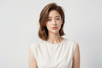 Fototapeta premium A woman with short brown hair and a white tank top