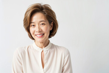 Fototapeta premium A woman with a short haircut and a white shirt is smiling