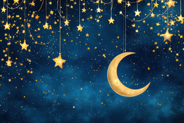 Naklejka premium dreamy night sky filled with golden stars and crescent moon, creating magical atmosphere. Perfect for backgrounds or themed designs