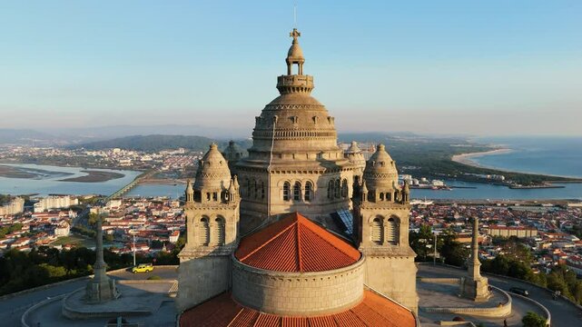 Basilica Santa Luzia at Sunset. Viana do Castelo City, Portugal. Aerial View. Moving Upwards, Tilt Down