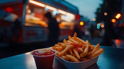 French Fries and Dipping Sauces at a Food Truck