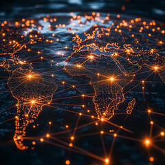 World map with glowing orange connections and network grid.