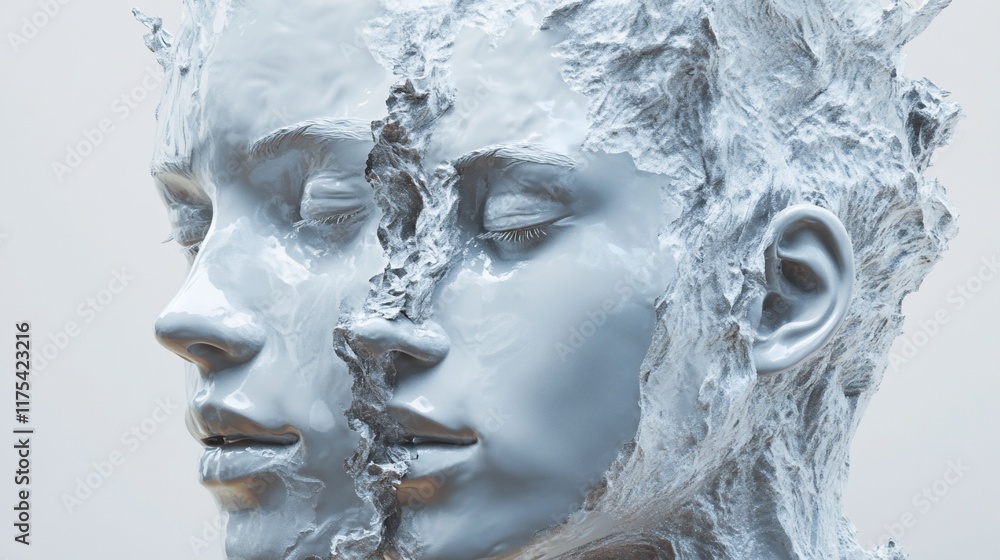 Poster two intertwined faces in a sculptural, abstract form, exploring identity and emotion.