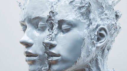 Two intertwined faces in a sculptural, abstract form, exploring identity and emotion.