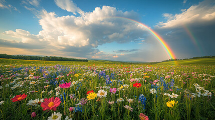 A picturesque field of wildflowers under a vibrant rainbow, with soft sunlight bathing the landscape
