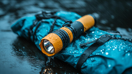 Waterproof flashlight on wet surface demonstrating outdoor gear durability concept