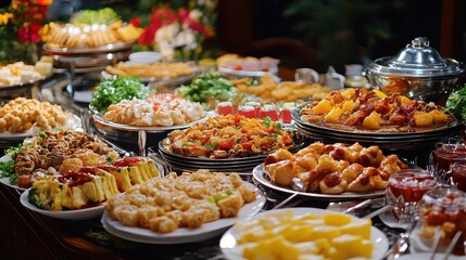 Fototapeta premium Vibrant Chinese New Year Feast Displayed on Table