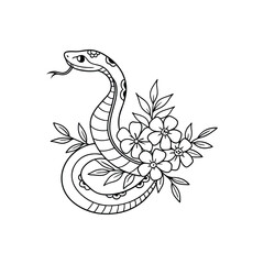 Hand drawing outline snake with flowers.