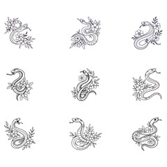 Hand drawing outline snake with flowers.