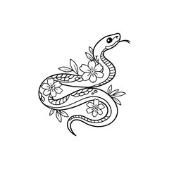 Hand drawing outline snake with flowers.