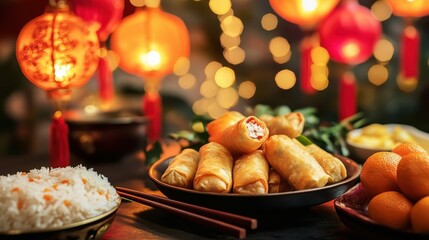 Fototapeta premium Vibrant Chinese New Year Celebration with Delicious Dishes