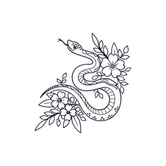 Hand drawing outline snake with flowers.