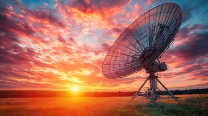 Sunset over a large satellite dish in a field.