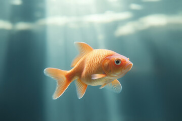 Bright orange goldfish swimming gracefully in clear blue water under soft sunlight
