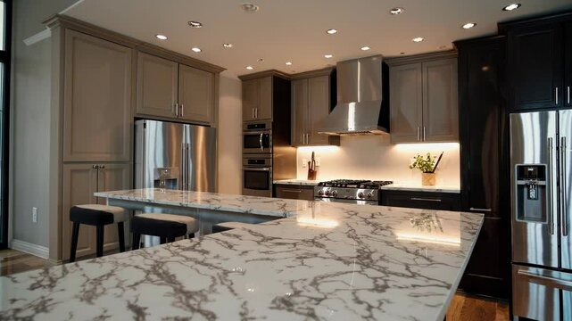 Modern kitchen design featuring elegant marble countertops and sleek cabinetry with contemporary appliances