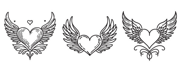 set heart with angel wings in one line style. Heart with wings for valentine day. vector illustration