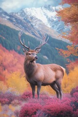 Naklejka premium Majestic stag in vibrant autumn landscape with mountains in background
