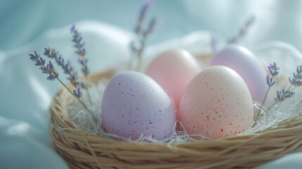 Obraz premium A charming Easter arrangement featuring speckled pastel eggs in a woven basket, accented with sprigs of lavender on a soft blue backdrop, creating a serene and delicate atmosphere.