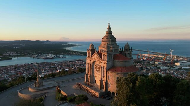 Basilica Santa Luzia at Sunrise. Viana do Castelo City, Portugal. Aerial View. Orbiting